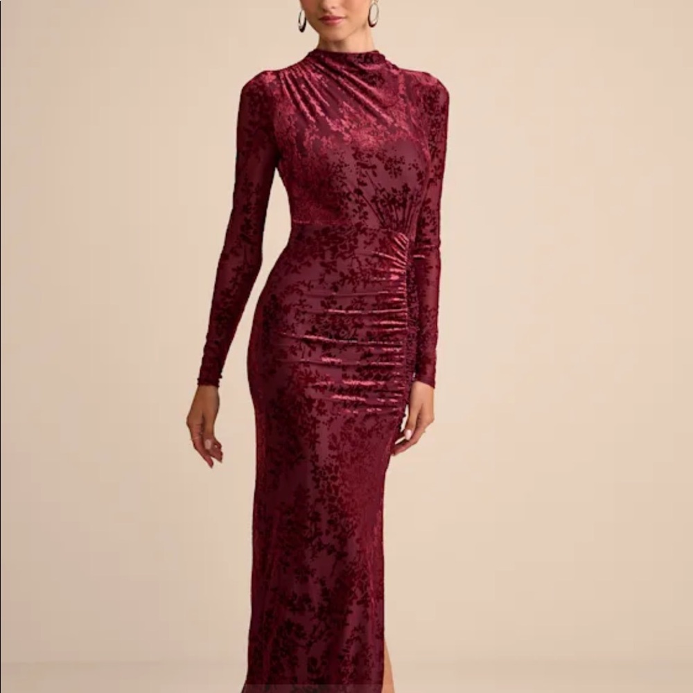Neilina Burgundy Velvet Jacquard Mock Neck Maxi